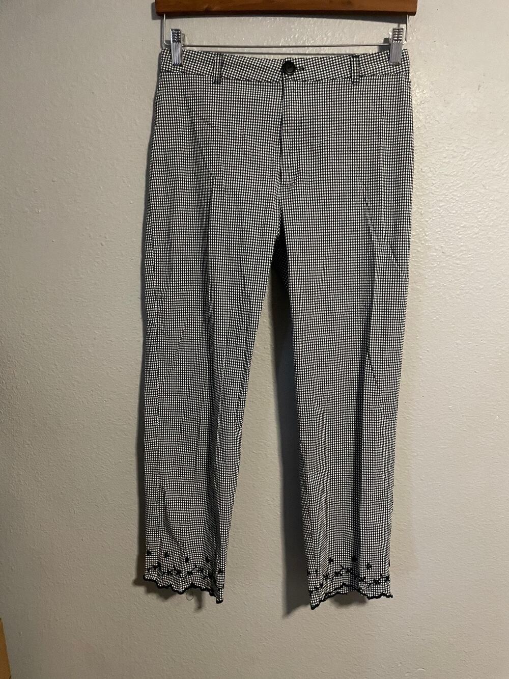 Vintage Womens Pants Size 10 Black Gingham Crop Embroidered Hem Cottagecore 90s